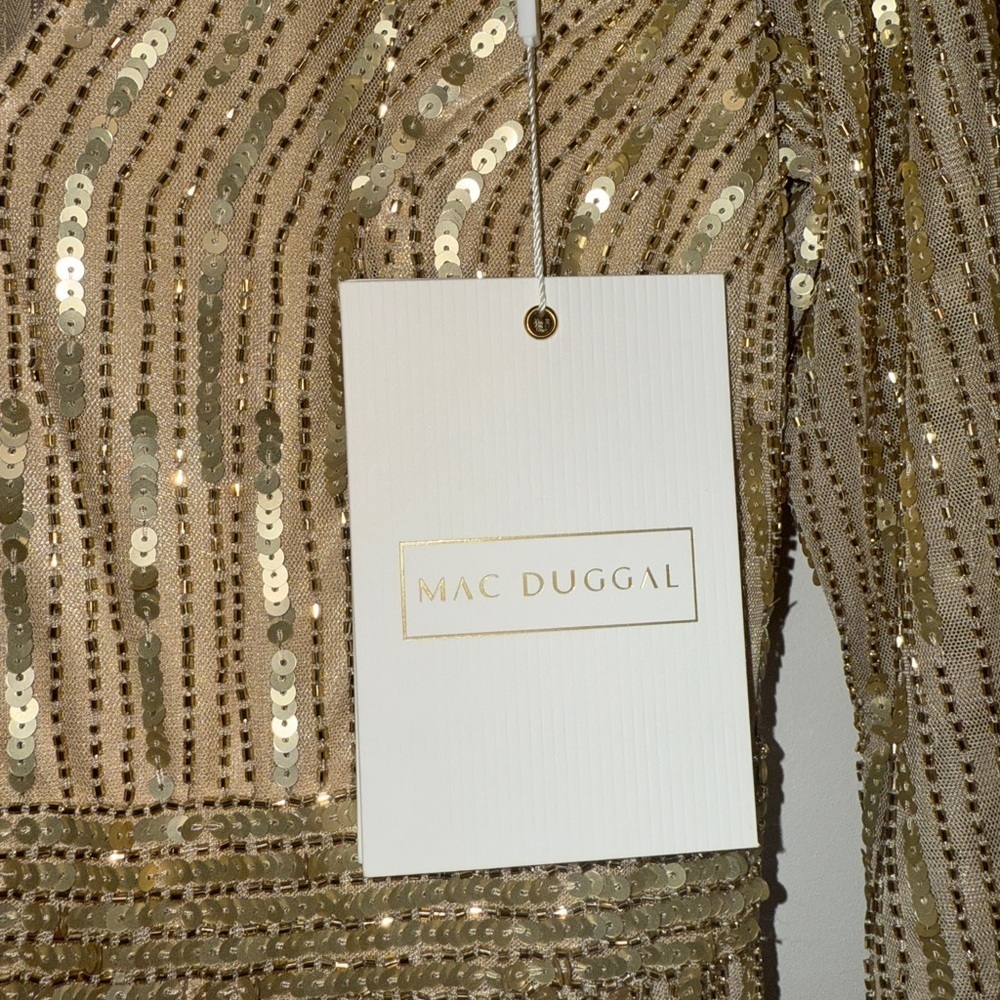 NWT | Mac Duggal 4977  Taupe Gold Sequined V Neck Sleeve A Line Gown Size 4 - Picture 6 of 14